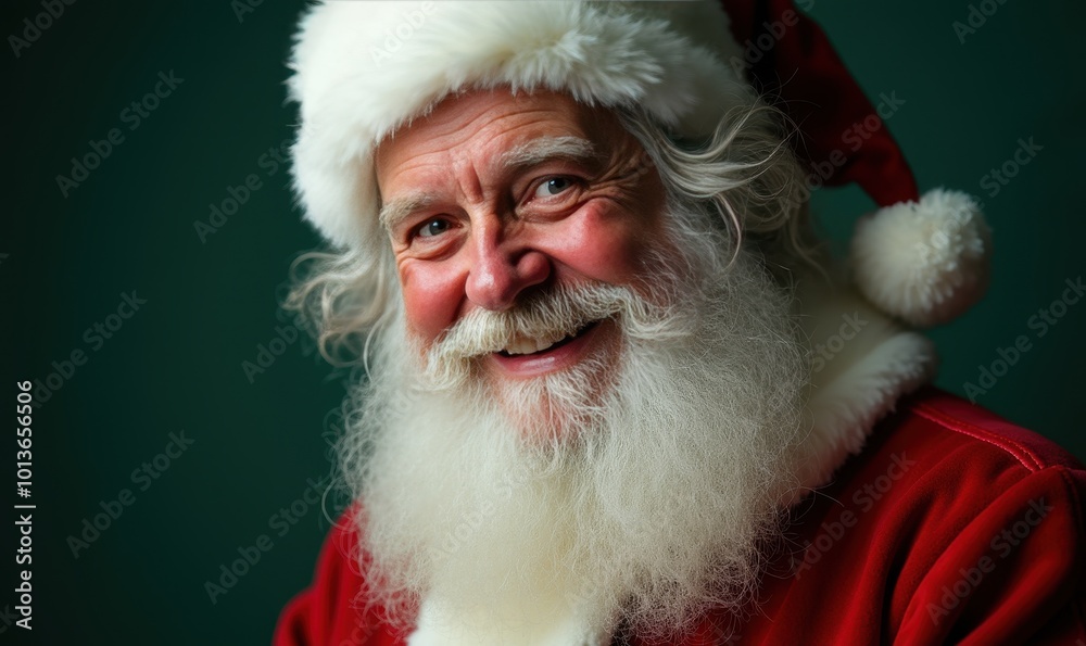 Santa Claus smiling with rosy cheeks and a warm expression on a dark green background ideal for Christmas sale banners and holiday shopping ads Watercolor style. Santa Claus smiling with rosy cheeks and a warm expression on a dark green background ideal for Christmas sale banners and holiday shopping ads Watercolor style.