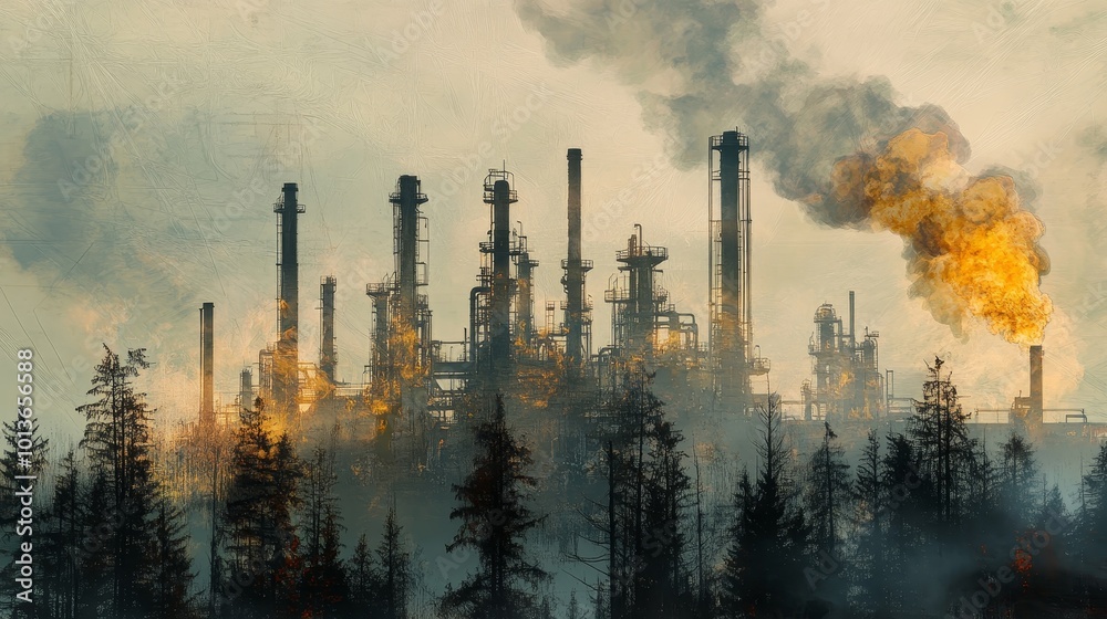 Spring's Desolation, A forest succumbs to an oil refinery, dystopian transformation, muted tones, eerie atmosphere, digital collage artistry Spring's Desolation, A forest succumbs to an oil refinery, dystopian transformation, muted tones, eerie atmosphere, digital collage artistry