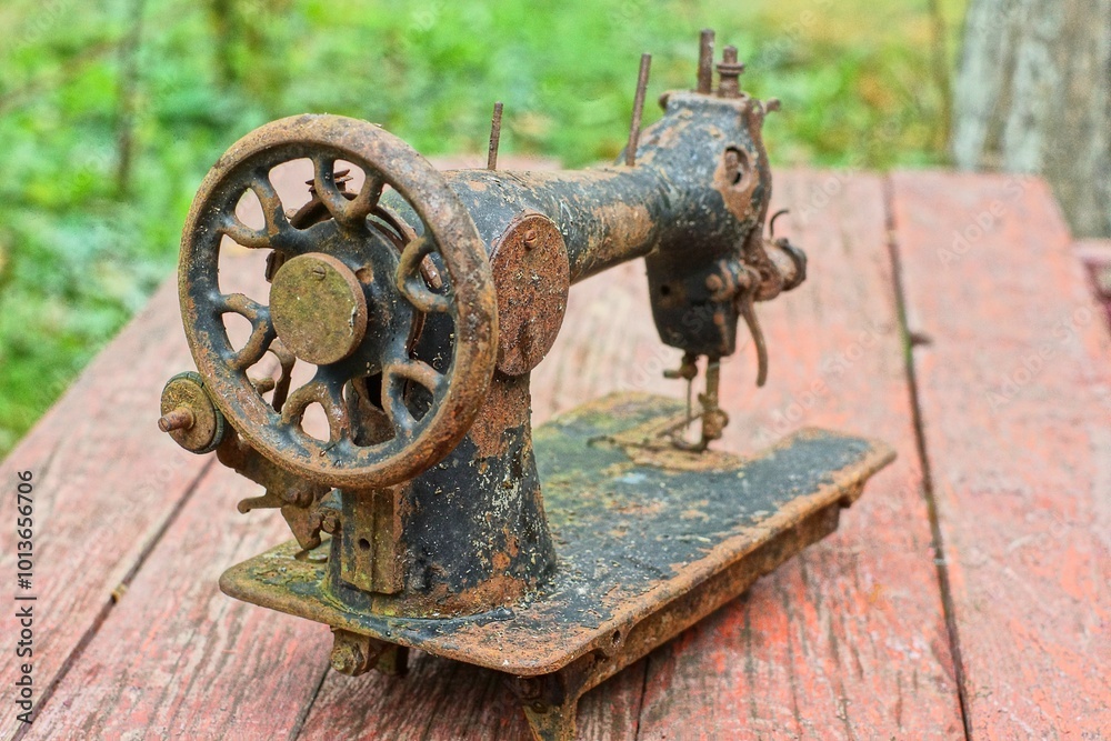 one old discarded black industrial retro iron rusty historical dirty broken manual heavy sewing machine stands on brown wooden table daytime outdoors one old discarded black industrial retro iron rusty historical dirty broken manual heavy sewing machine stands on brown wooden table daytime outdoors
