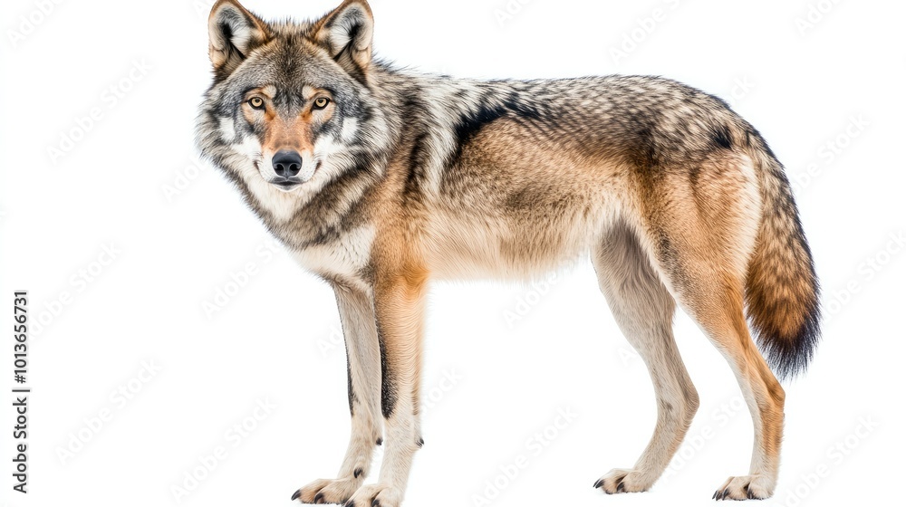 Fototapeta premium A majestic gray wolf standing tall, its piercing eyes staring directly at the camera, isolated on a white background.