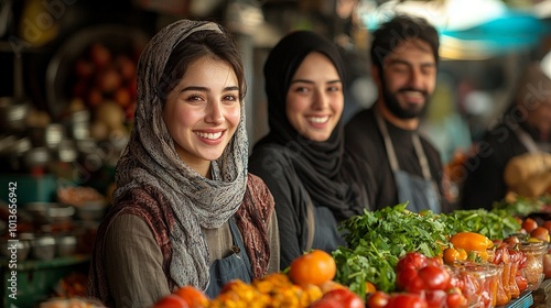 Three smiling individuals at a vibrant market stall filled with fresh vegetables and fruits.