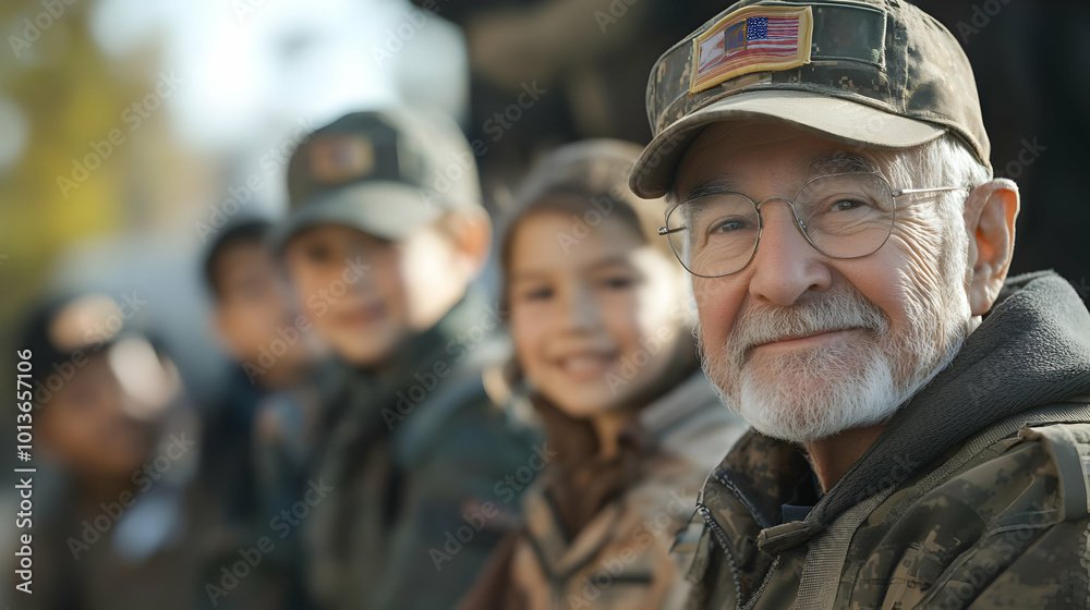 Candid Interaction Between Veterans and Children at 3D Veterans Day Event - Heartwarming Photograph of Generations Connecting with Smiles Candid Interaction Between Veterans and Children at 3D Veterans Day Event - Heartwarming Photograph of Generations Connecting with Smiles