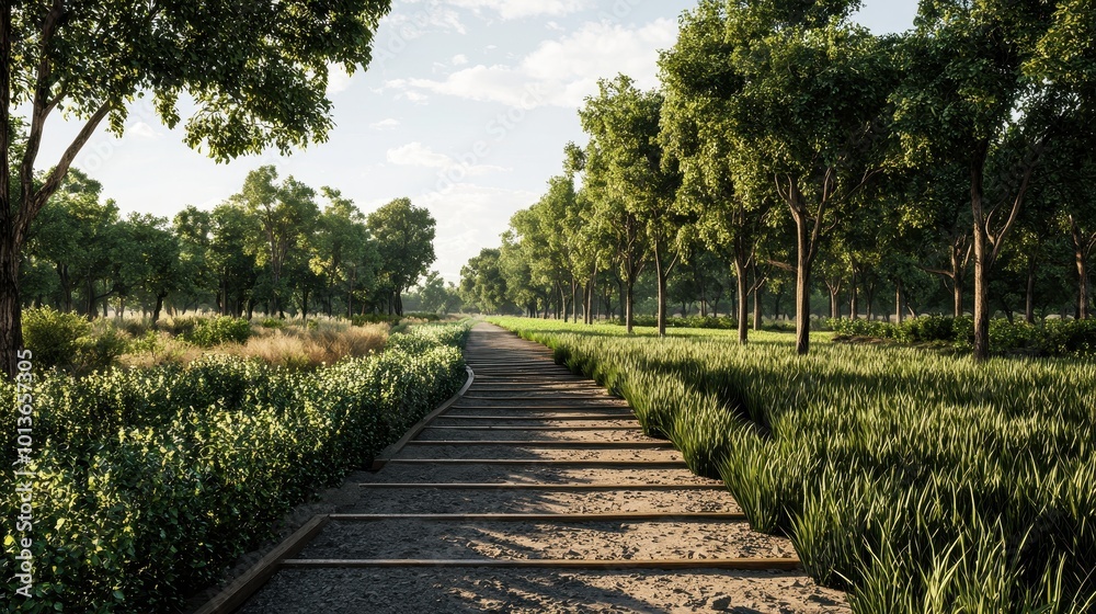 Scenic path through a lush, green landscape with trees and foliage under a clear sky. Scenic path through a lush, green landscape with trees and foliage under a clear sky.