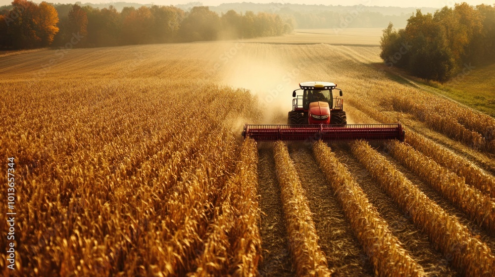 Fototapeta premium Tractor Harvesting Corn in a Field with Autumn Trees in the Background