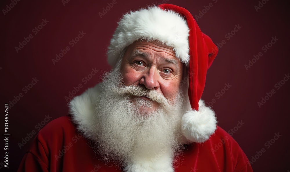 Santa Claus thoughtful look close-up with a pensive expression on a maroon background perfect for creative Christmas discount promotions and holiday ads Watercolor style. Santa Claus thoughtful look close-up with a pensive expression on a maroon background perfect for creative Christmas discount promotions and holiday ads Watercolor style.