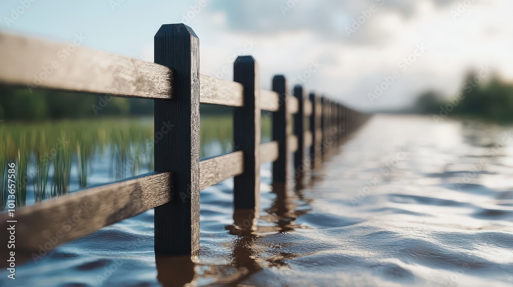 Flooded wooden fence in serene waters under a cloudy sky, showcasing nature's powerful and tranquil beauty. Flooded wooden fence in serene waters under a cloudy sky, showcasing nature's powerful and tranquil beauty.