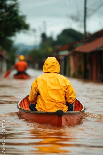 Person in yellow raincoat kayaking through flooded street, backdrop of submerged houses and cloudy sky.