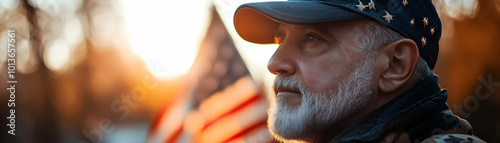 Veterans Day reflection candid shot with veteran and memorial concept as A candid photograph capturing a veteran reflecting at a memorial during Veterans Day. The shot is taken from a medium angle foc photo