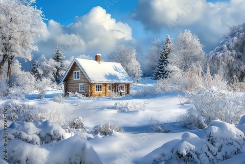A snowy winter landscape with a charming cottage. 