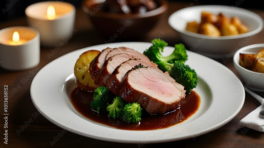 Roasted Pork with Sauce, Potatoes and Broccoli Created with Generative AI technology. Roasted Pork with Sauce, Potatoes and Broccoli Created with Generative AI technology.