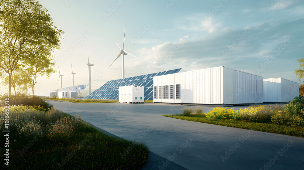Obraz premium Solar Panels and Wind Turbines at a Clean Energy Farm design