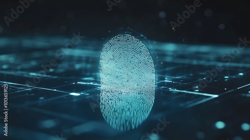 Computer identifying and measuring a fingerprint on a digital surface, with biometric scanning technology, highlighting security and identification in the digital age photo