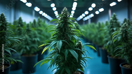 Professionelle Indoor-Cannabiszucht mit LED-Beleuchtung – Hochauflösende Aufnahmen von gesunden Cannabis-Pflanzen mit detaillierten Texturen. photo