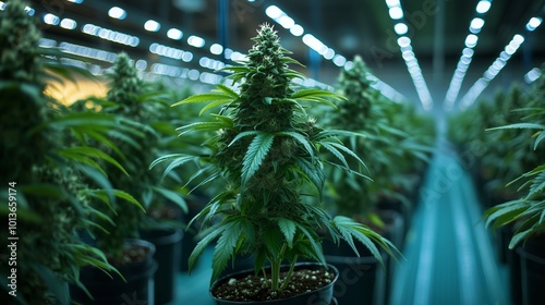 Professionelle Indoor-Cannabiszucht mit LED-Beleuchtung – Hochauflösende Aufnahmen von gesunden Cannabis-Pflanzen mit detaillierten Texturen. photo