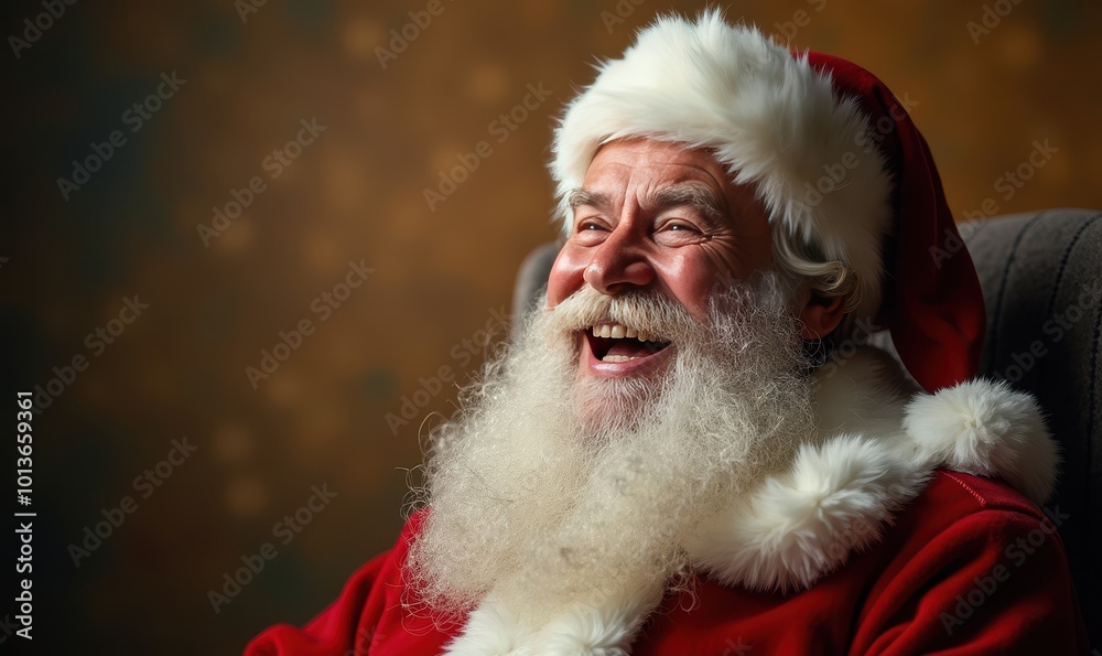 Santa Claus laughing heartily with joy in a close-up on a dark gold background excellent for winter discount banners and Christmas sale advertisements Watercolor style. Santa Claus laughing heartily with joy in a close-up on a dark gold background excellent for winter discount banners and Christmas sale advertisements Watercolor style.