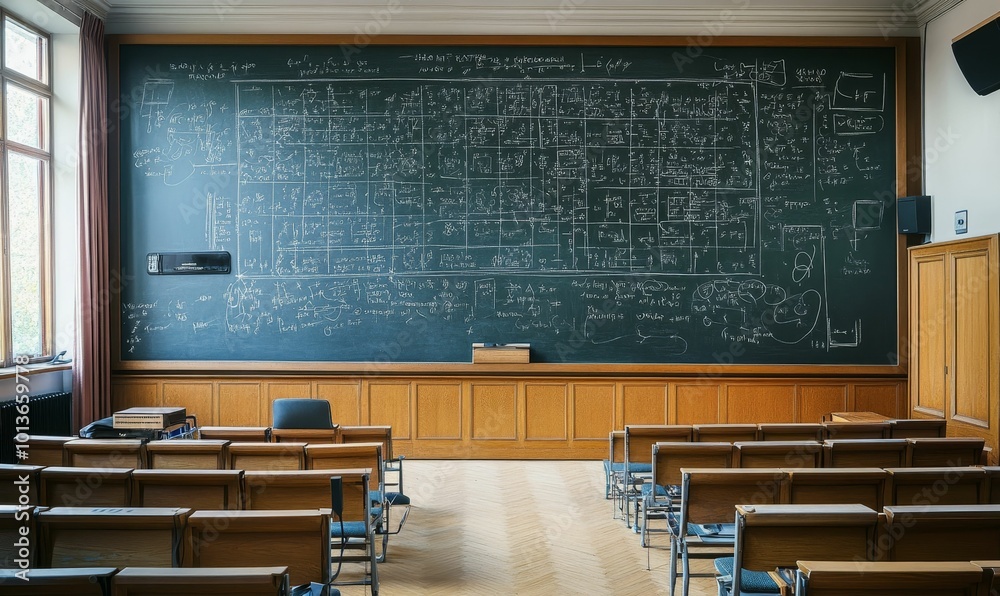 Naklejka premium A classroom with a chalkboard filled with equations and empty