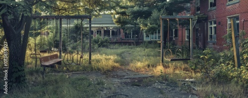 Abandoned school with broken swings and overgrown playground, 4K hyperrealistic photo, photo