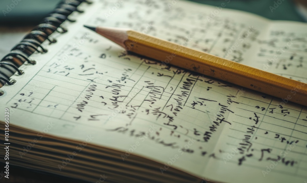 Notebook with pencil and handwritten math equations. Notebook with pencil and handwritten math equations.