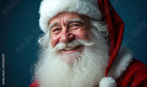 Santa Claus happy expression in a close-up on a deep blue background perfect for festive holiday sale promotions and Christmas shopping campaigns Watercolor style.