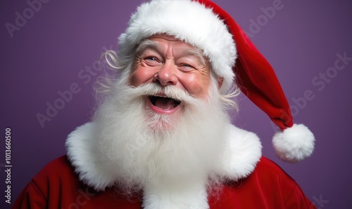 Santa Claus winking with a joyful smile in a close-up on a purple background perfect for eye-catching Christmas sale advertisements and festive banners Watercolor style.