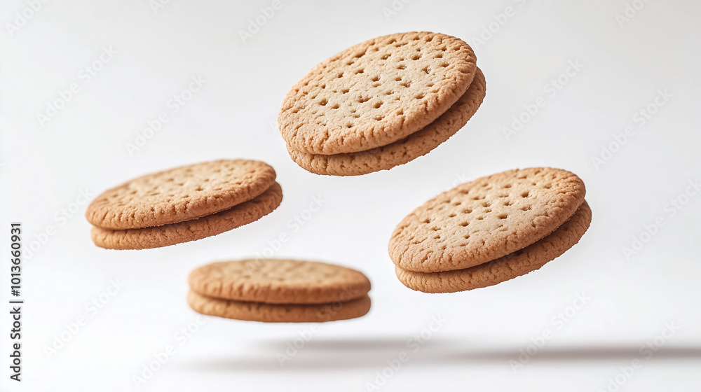 Dynamic Image of Falling Oatmeal Cookies Isolated on White Background: Ideal for Graphic Ads Celebrating Homemade Treats Dynamic Image of Falling Oatmeal Cookies Isolated on White Background: Ideal for Graphic Ads Celebrating Homemade Treats