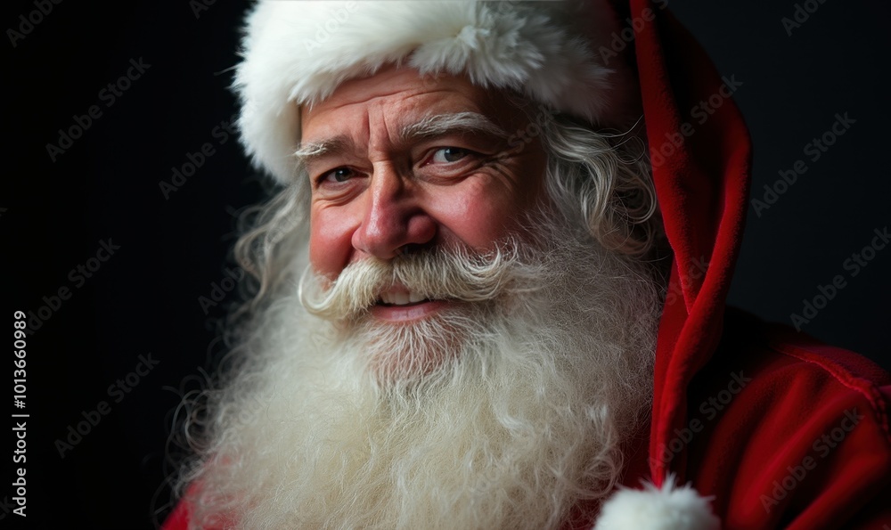 Santa Claus thoughtful face close-up on a sleek black background perfect for unique Christmas promotion banners and festive holiday shopping ads Watercolor style. Santa Claus thoughtful face close-up on a sleek black background perfect for unique Christmas promotion banners and festive holiday shopping ads Watercolor style.