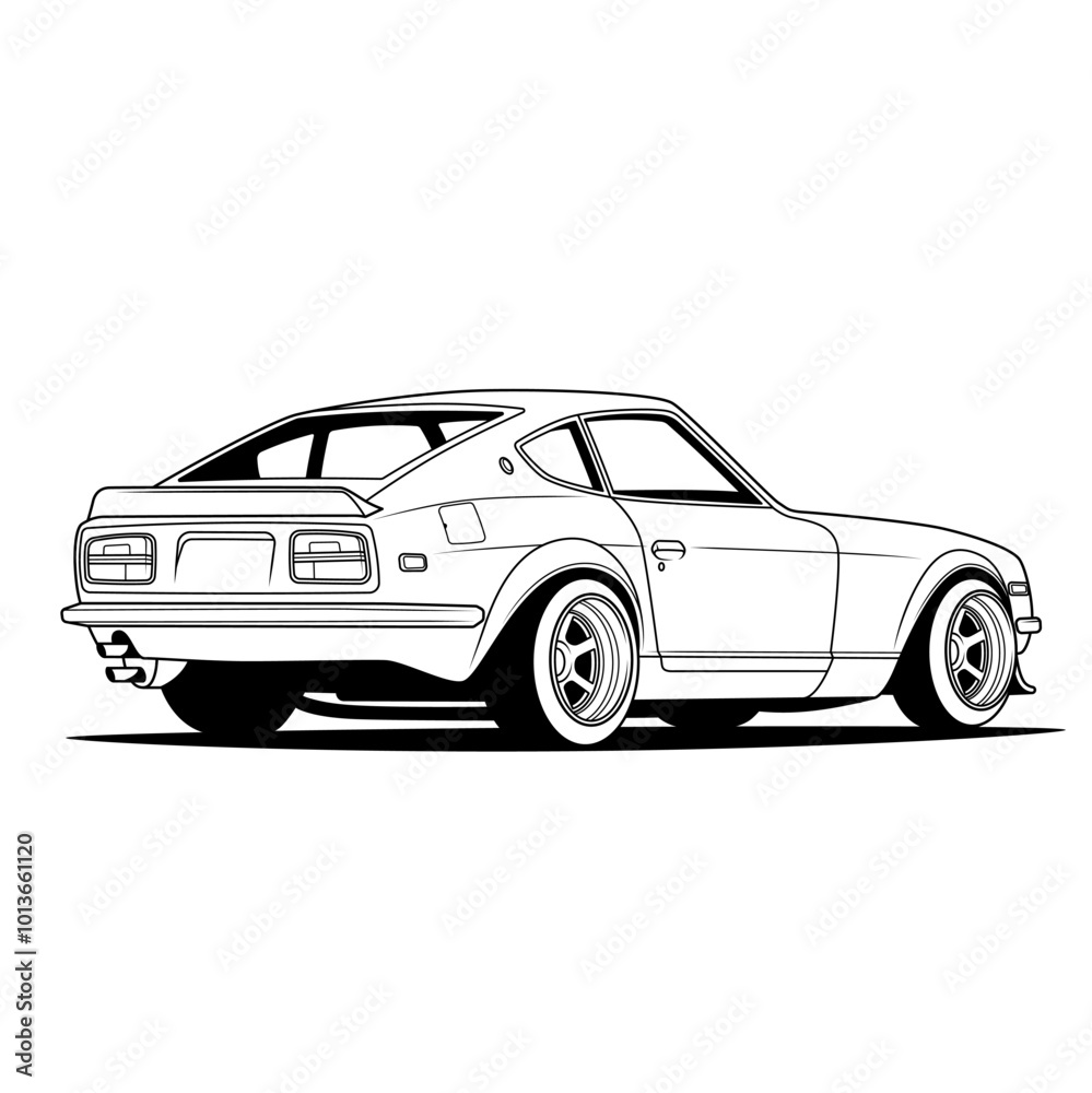 Fototapeta premium Classic Sports Car: A sleek, timeless black and white vector illustration of a sports car with sharp lines and stylized detailing