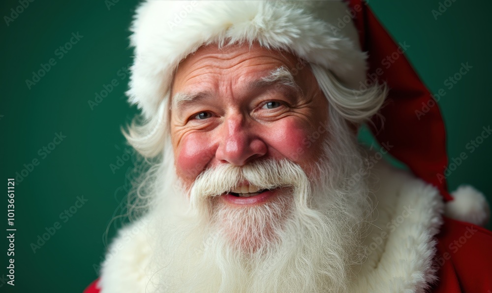 Naklejka premium Santa Claus cheerful face close-up with rosy cheeks on an emerald green background ideal for holiday sale flyers and special Christmas shopping campaigns Watercolor style.