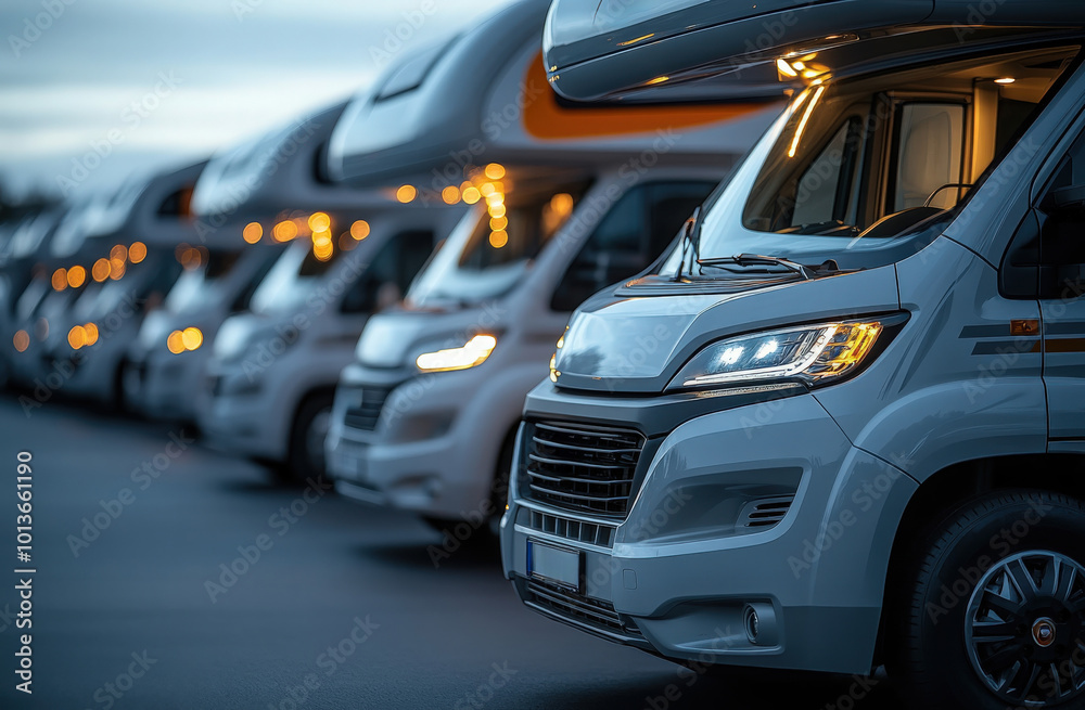 Naklejka premium A row of modern motorhomes parked during twilight showcasing their sleek designs