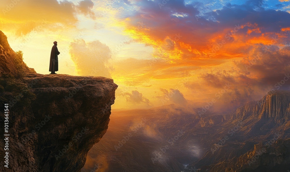 Silhouette of a man on cliff overlooking canyon at sunset. Silhouette of a man on cliff overlooking canyon at sunset.