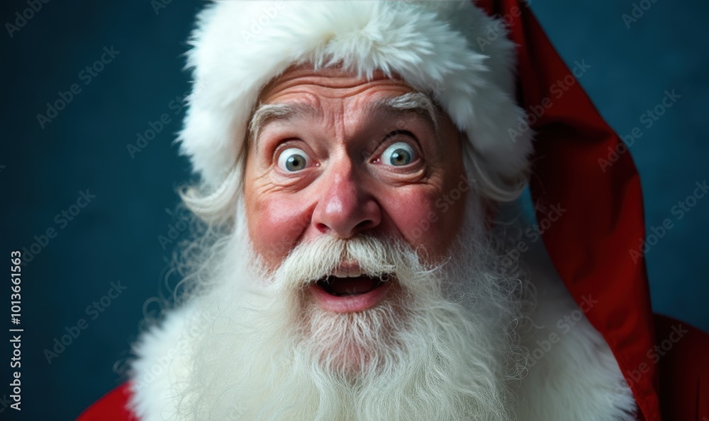 Santa Claus astonished close-up with wide eyes on a deep blue background perfect for holiday discount flyers and Christmas season shopping ads Watercolor style. Santa Claus astonished close-up with wide eyes on a deep blue background perfect for holiday discount flyers and Christmas season shopping ads Watercolor style.