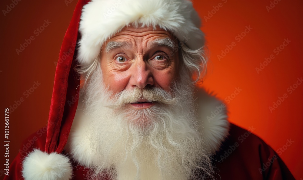 Naklejka premium Santa Claus shocked look close-up with a surprised expression on a dark orange background excellent for festive sale banners and holiday shopping discounts Watercolor style.