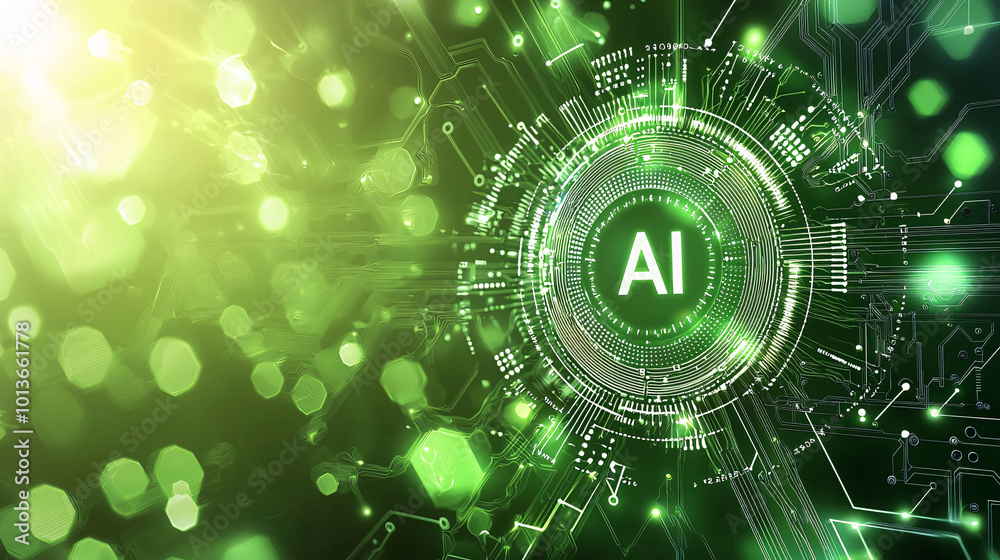 Obraz premium Green Futuristic AI Chip with Advanced Electronics and Data Processing Capabilities