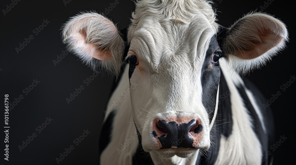 Close-up face of black and white dairy cow. Cow eyes are gently closed, nose is slightly tilted, ears pointed up. Black background highlights cow white fur and features. Close-up face of black and white dairy cow. Cow eyes are gently closed, nose is slightly tilted, ears pointed up. Black background highlights cow white fur and features.