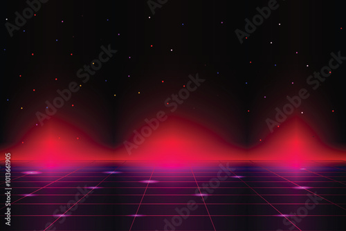 Retro Futurism Sci-Fi Background. glowing red neon grid. and stars from vintage arcade computer games	