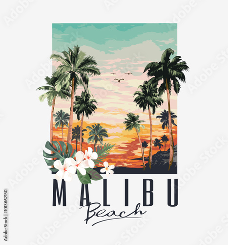 malibu beach calligraphy slogan with palm trees silhouette on sunset background vector illustration