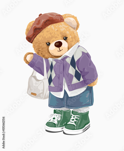 cute girly bear doll in cardigan and denim skirt vector illustration