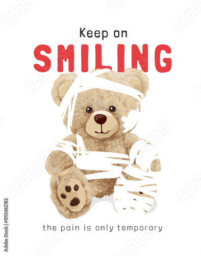 smiling slogan with bear doll in bandage vector illustration