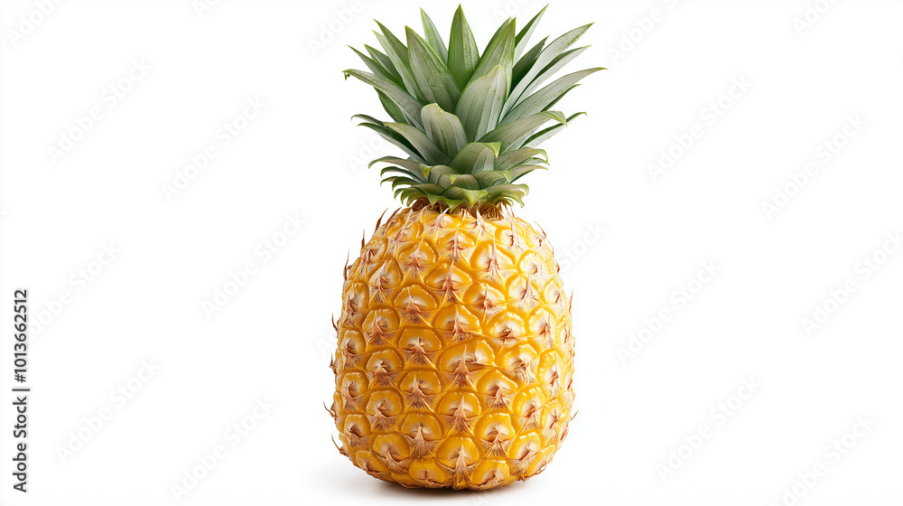 A single, perfectly ripe pineapple with a golden-yellow body and sharp A single, perfectly ripe pineapple with a golden-yellow body and sharp