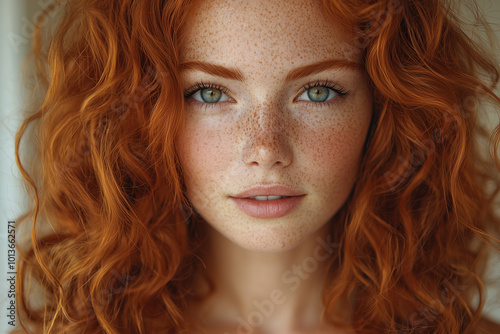 Portrait of a beautiful woman with red hair and freckles, green eyes, looking at the camera, natural lighting, close-up shot, insanely detailed, fine details, professional color grading.