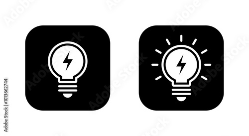 Lightning bulb icon on black square. Lamp with thunderbolt sign symbol