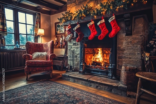 A cozy living room with a roaring fireplace and stockings hung by the chimney. 