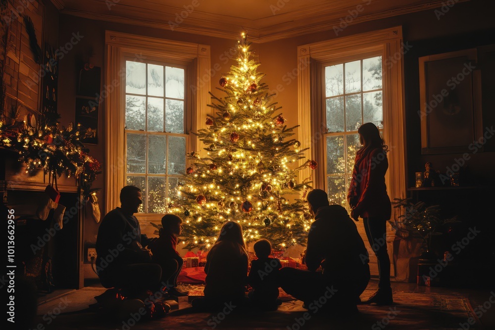 Friends and family gathered around a Christmas tree. Friends and family gathered around a Christmas tree.