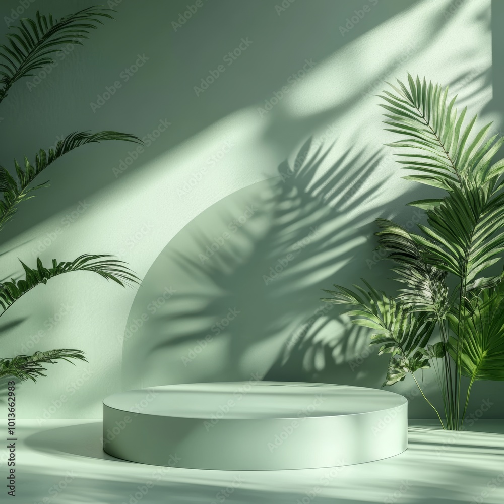 3d render of minimal product display podium with tropical palm leaves.3d render of green podium with palm leaves and shadow on wall 3d render of minimal product display podium with tropical palm leaves.3d render of green podium with palm leaves and shadow on wall