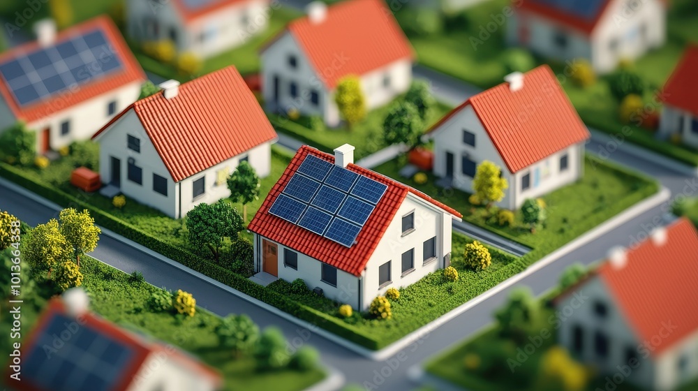 Model houses with solar panels surrounded by greenery, showcasing sustainable living in a miniature layout. Model houses with solar panels surrounded by greenery, showcasing sustainable living in a miniature layout.