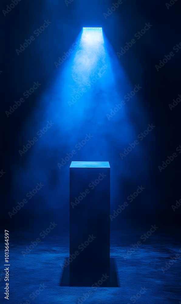2. An atmospheric scene featuring a dimly lit studio with deep shadows, where a blue neon searchlight highlights a product on a pedestal, creating a captivating focal point for a showcase 2. An atmospheric scene featuring a dimly lit studio with deep shadows, where a blue neon searchlight highlights a product on a pedestal, creating a captivating focal point for a showcase