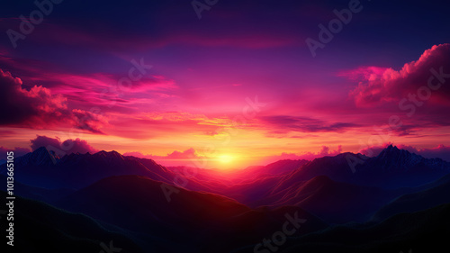 A beautiful sunset over a mountain range with a pink and purple sky. The mountains are covered in trees and the sky is filled with clouds