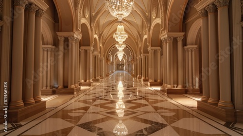 Architecture of the building Grand hall with symmetrical arches decorated with intricate moldings