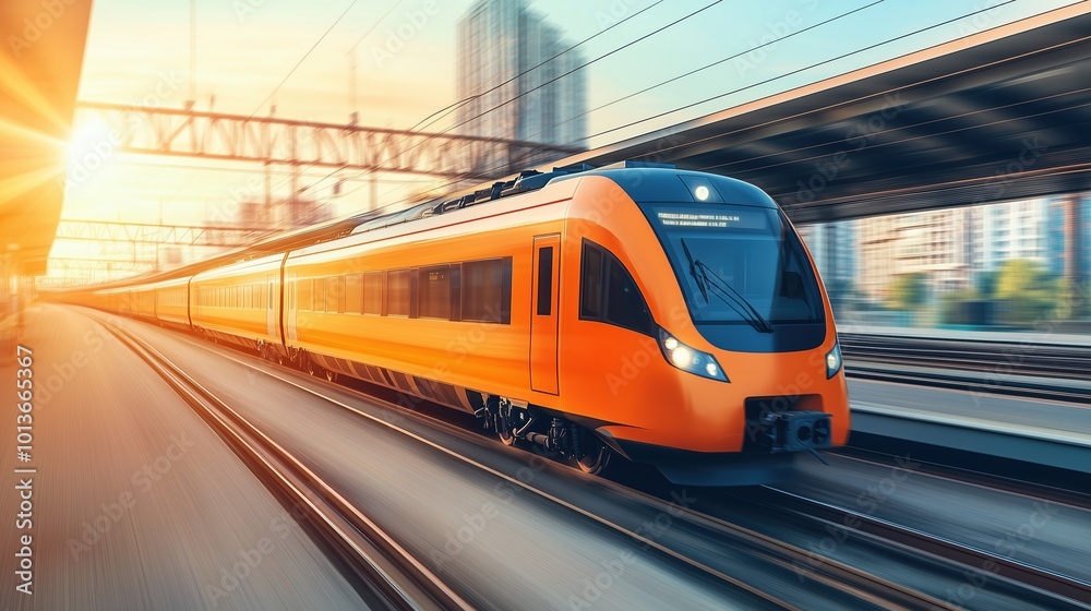 Dynamic Sunset Scene of a High-Speed Orange Passenger Train Moving at a Railway Station Platform, Dynamic Sunset Scene of a High-Speed Orange Passenger Train Moving at a Railway Station Platform,