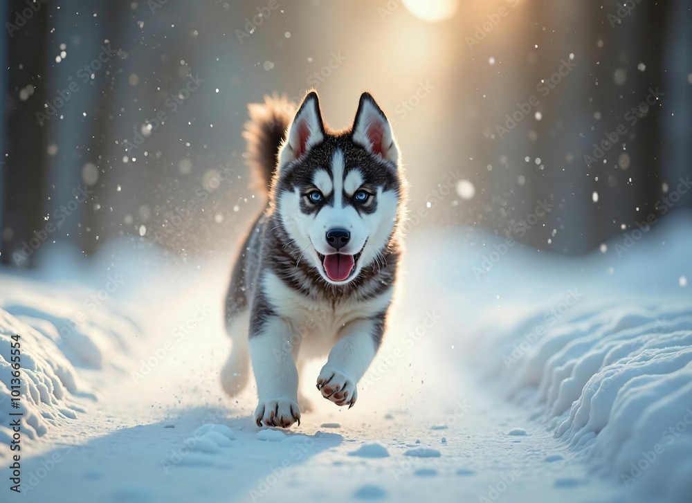 Playful Siberian Husky Puppy Running Through Snowy Mountains - A Vibrant Winter Scene of a Happy Husky Puppy in Nature Playful Siberian Husky Puppy Running Through Snowy Mountains - A Vibrant Winter Scene of a Happy Husky Puppy in Nature